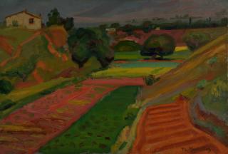 Fields in Very Intense Color with Sergoulopoulos — Oil painting, Canvas, 38.00×55.00cm — Theodoros Markellos